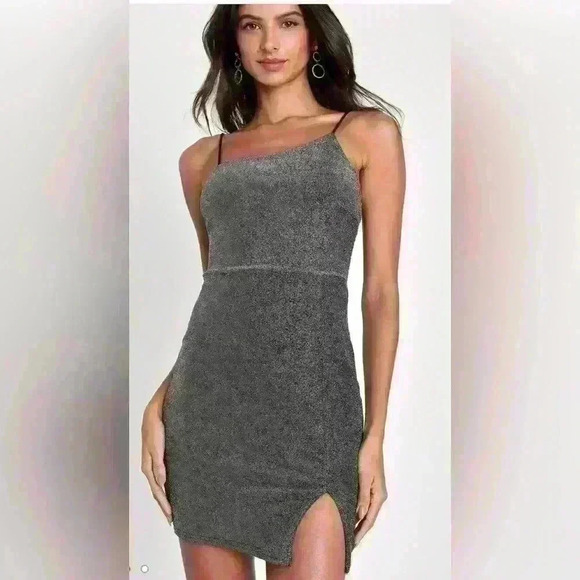 Lulus Take Me Anywhere Silver Sparkly Asymmetrical Bodycon Mini Dress Small - Picture 1 of 10